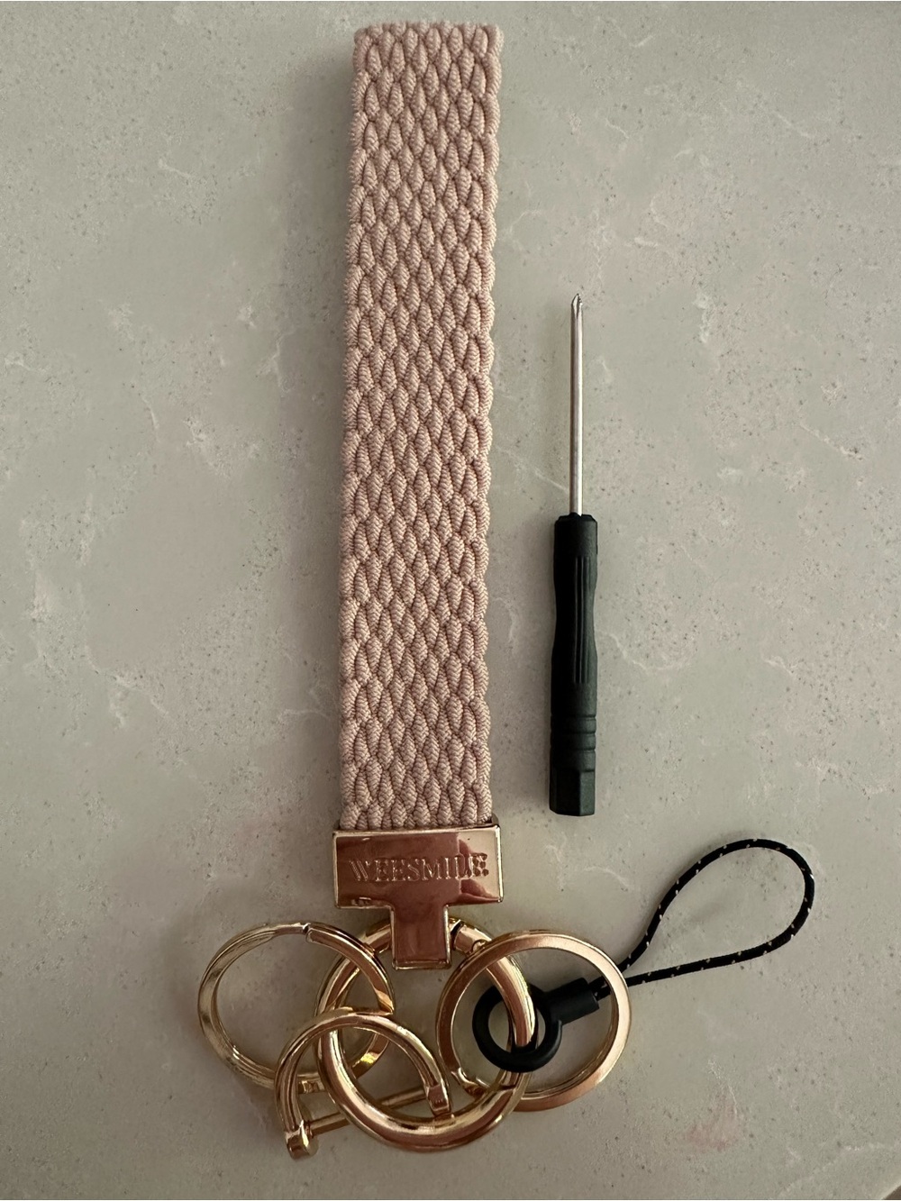 Tan Braided Wristlet Keychain with Gold Hardware